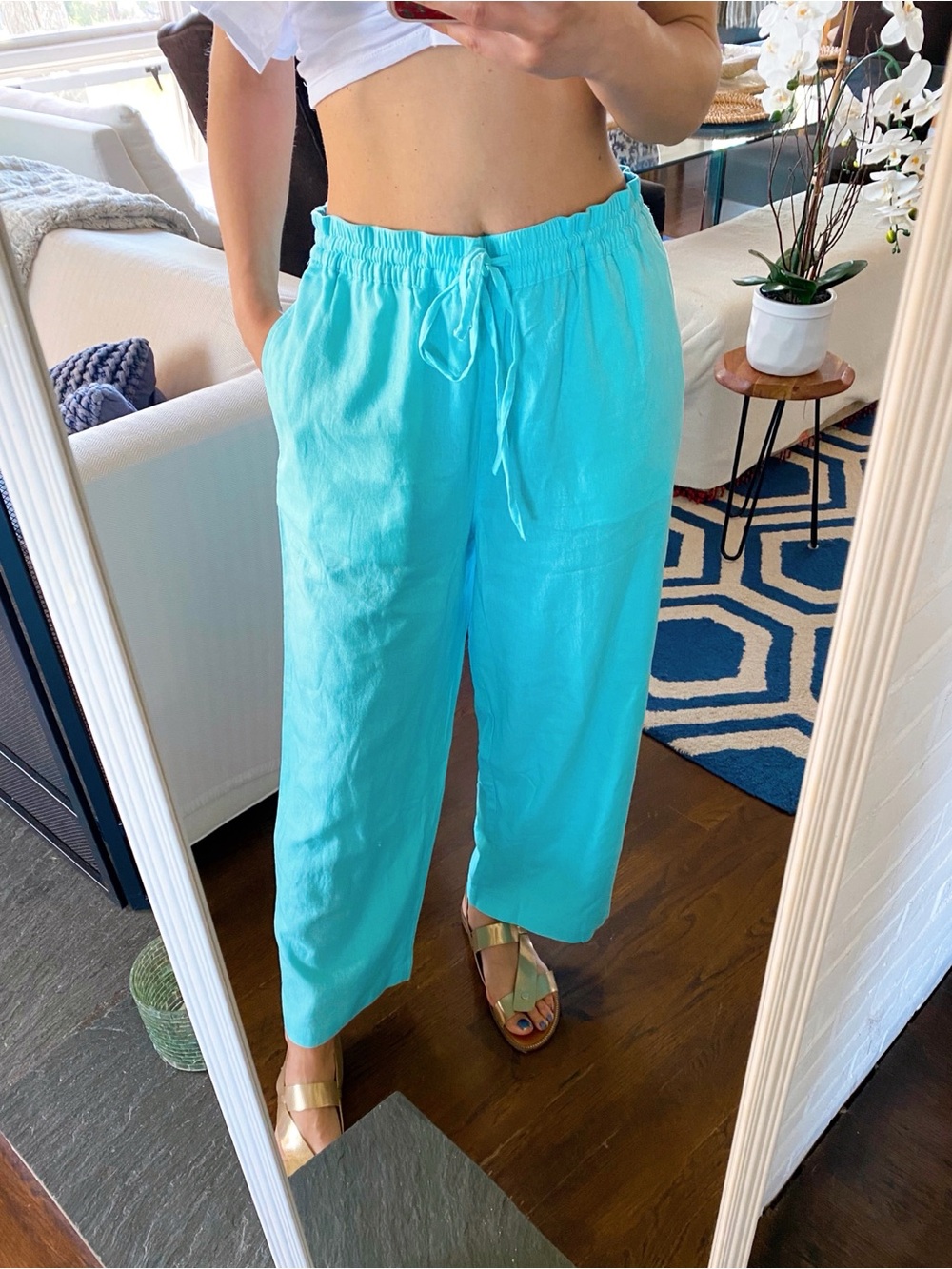 DKNY Aqua Blue Linen-Blend Drawstring Wide Leg Pant! 🐬